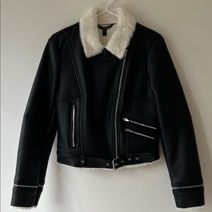 Zara Black Leather Jacket with White Fur Collar & Lining